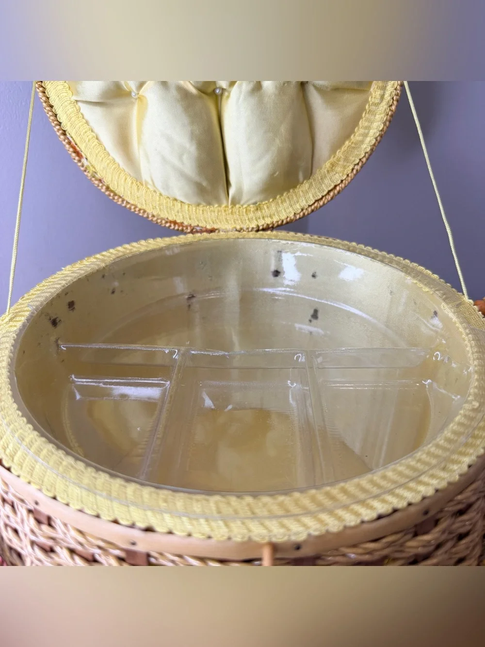 Vintage 1970s Woven Sewing Basket Box Made in Japan Velvet Floral Lid Retro